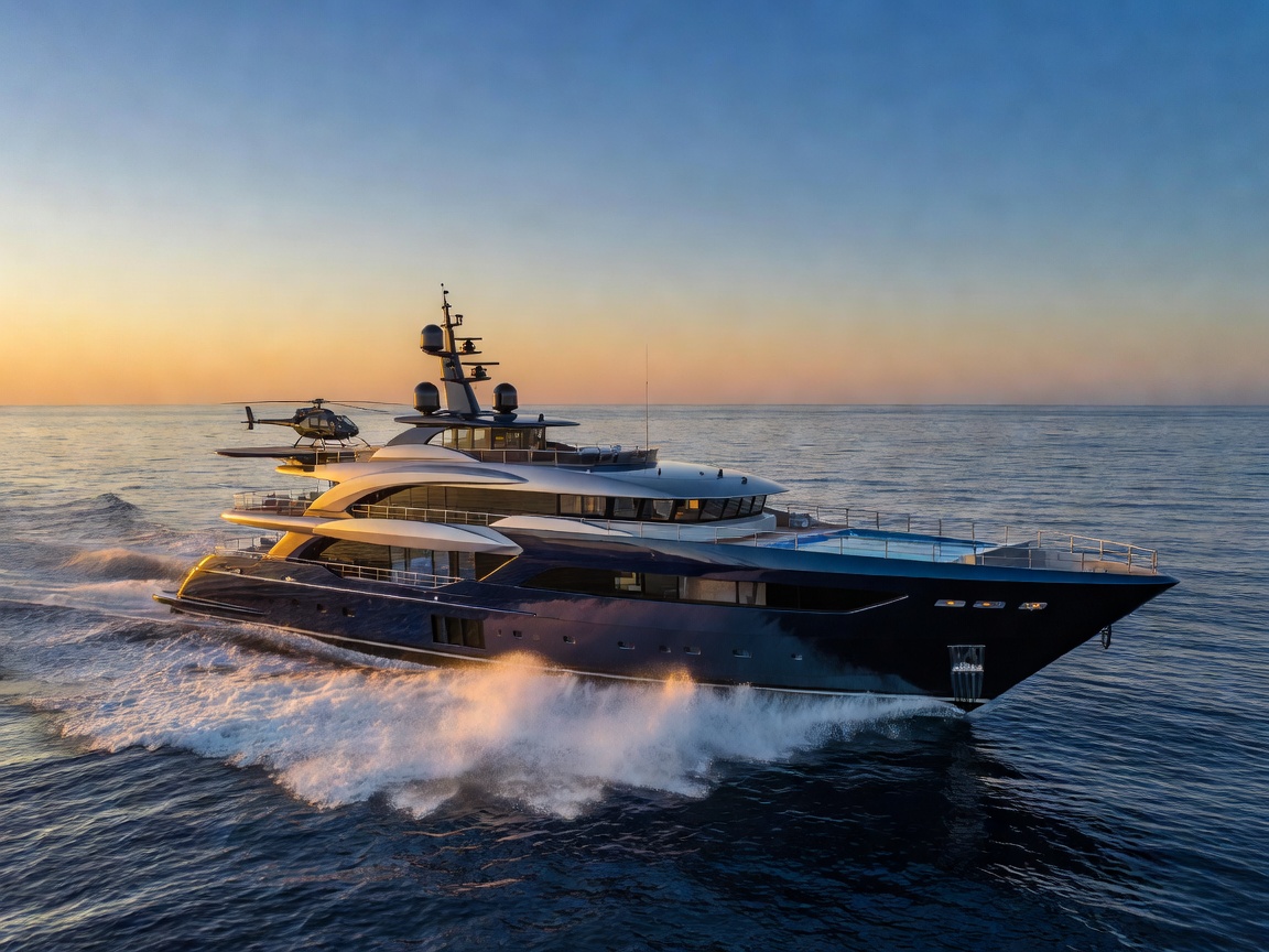 Futuristic sleek black superyacht with purple LED accents cruising in deep blue water