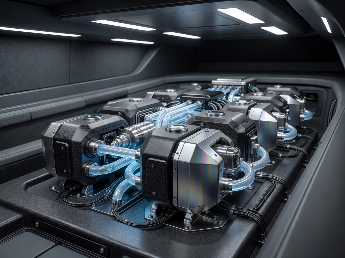 High tech boat engine room showing futuristic propulsion mechanics