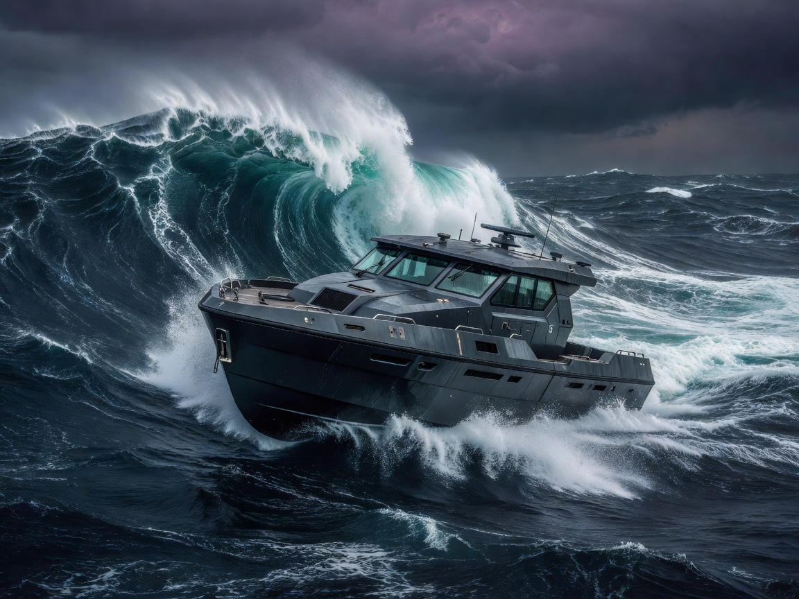 Vortex-120 oceanic modular expedition yacht in extreme marine environment